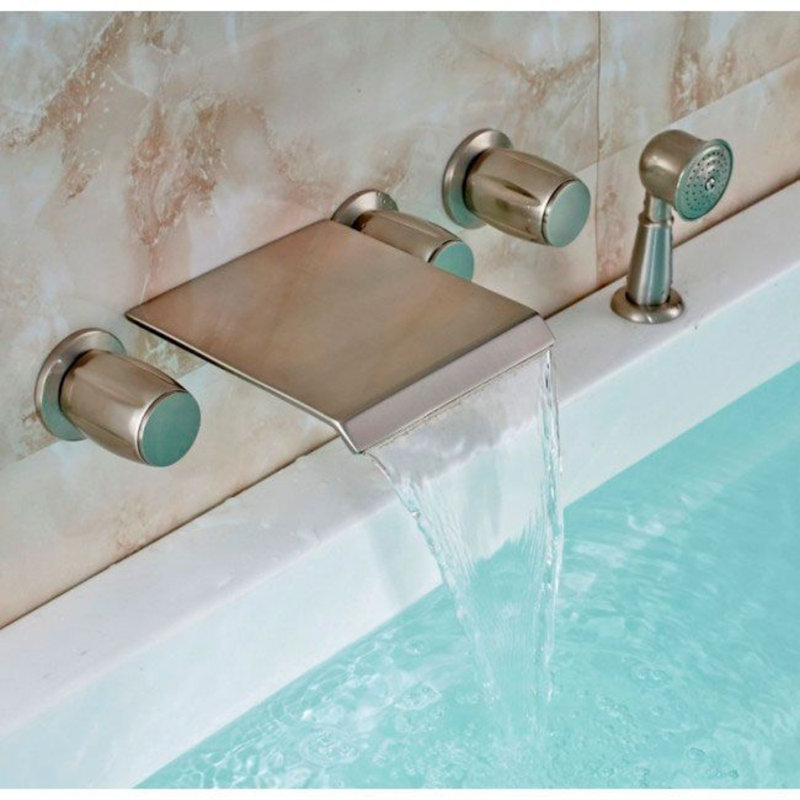 Juno Wall Mount Bathtub Waterfall Faucet with Handheld Shower Head Modern Brushed Nickel Finish