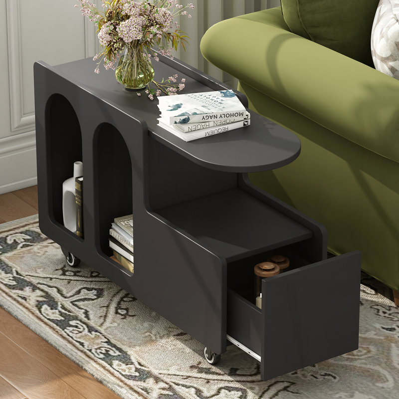Mobile End Table with lockable wheels, Cream Style Side Table with Storage Drawer, 11.8inch Narrow Nightstand with Multi-layer Storage, Living Room