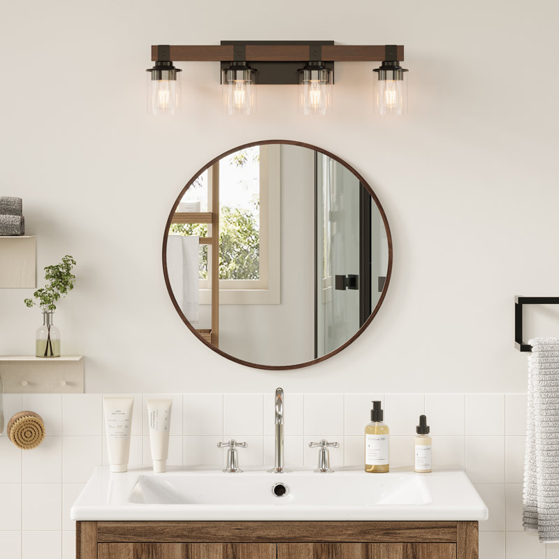 4 lumières de meuble-lavabo à intensité variable 4 lumières, bois massif résistant à l'humidité et métal noir, abat-jour en verre transparent, style industriel