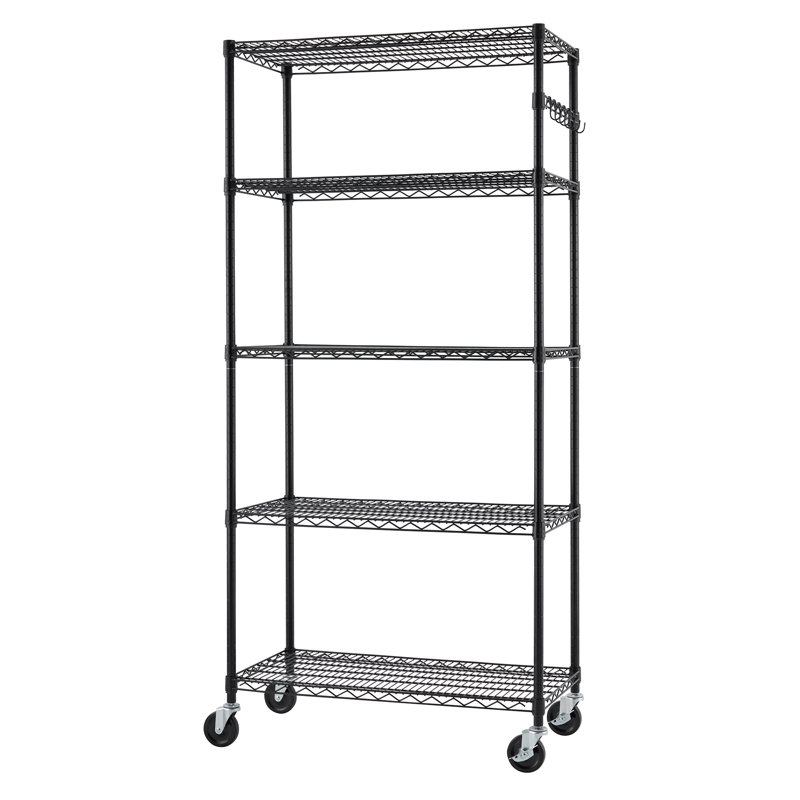 Black 5-Tier Steel Wire Shelving Unit with Wheels, 18"L x 36"W x 76"H