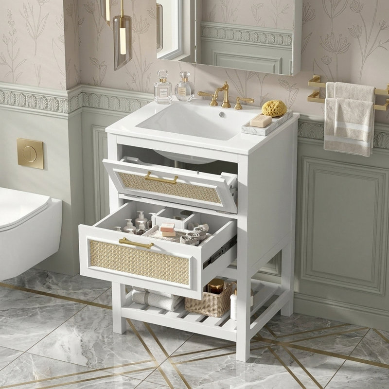 Meuble-lavabo de salle de bain avec lavabo en céramique, tiroir profond et tiroir basculant, Blanc