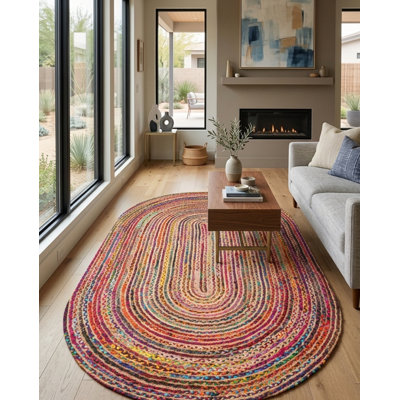 Hand Braided Cotton & Jute Contemporary Dark Multicolor Oval Area Rug