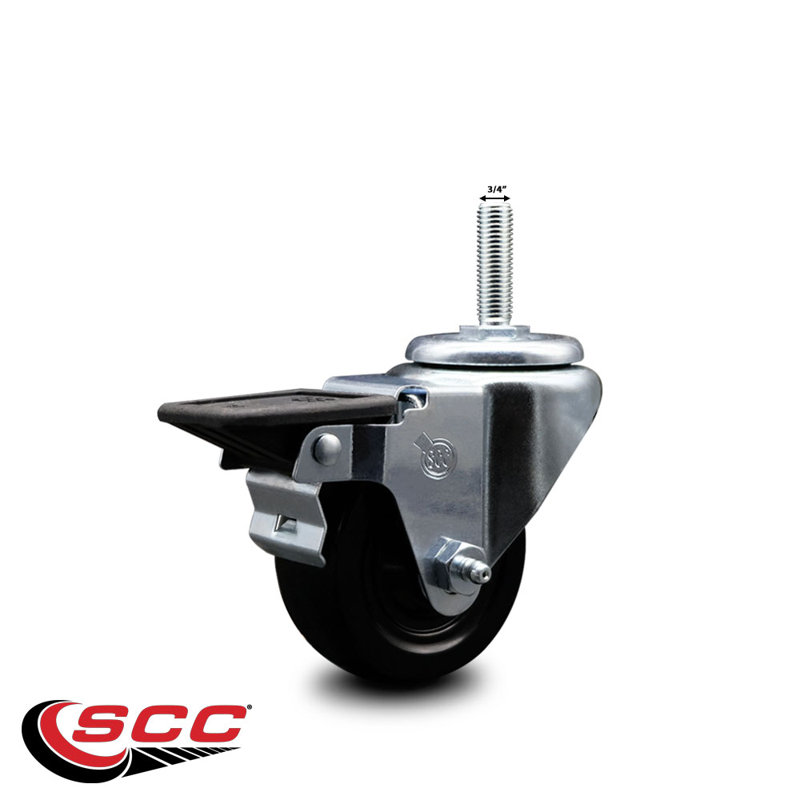 3 Inch Hard Rubber Wheel Swivel 3/4 Inch Threaded Stem Caster with Brake SCC