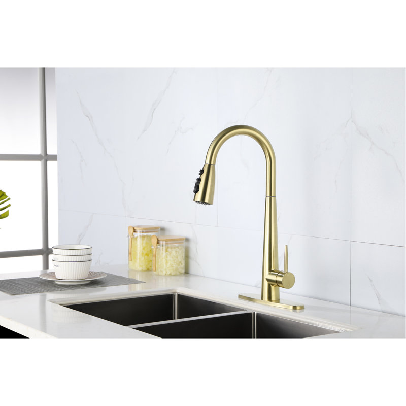 Gold Pull Out Kitchen Tap - Fingerprint-, Single Hole Deck Install, 360 Rotating Spray Outlet, Fine Stainless Steel Sink Faucet With Pull-Down Head Fingerprint , Installation, Rotatable Discharge