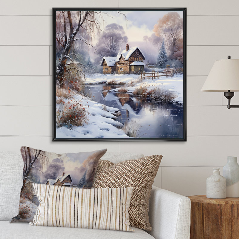 Charme d'hiver à la maison de campagne, Cadre flottant noir, H 36 po x l 36 po x P 1,5 po