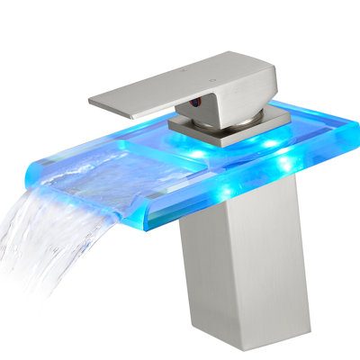 Bathroom Faucet With Led, Waterfall Spout, Cartridge Valve, Single Handle, One Hole Deck Mount, Hot Cold Water, Nickel Finish Water Mixer Sink Faucet, Led 3 Colors, Knob Handles, Ceramic Filler,