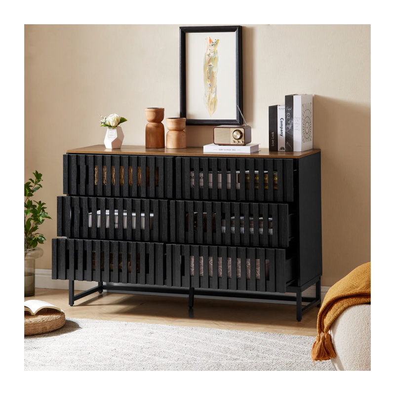 Commode double 6 tiroirs Modern avec grille à lattes - Commode en bois noir et brun pour le rangement de la chambre à coucher avec pieds en métal