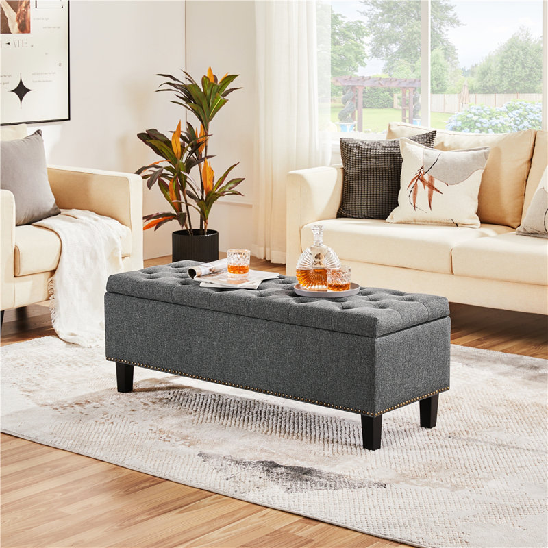 Riella Polyester Upholstered Storage Bench, 18" H x 49" W x 17.5" D