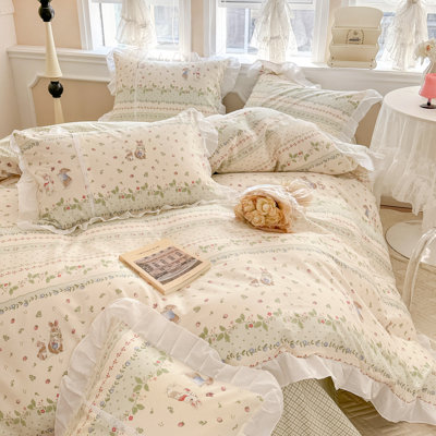 Muti-Floral Pattern Ruffle Laced Cotton Duvet Cover Set