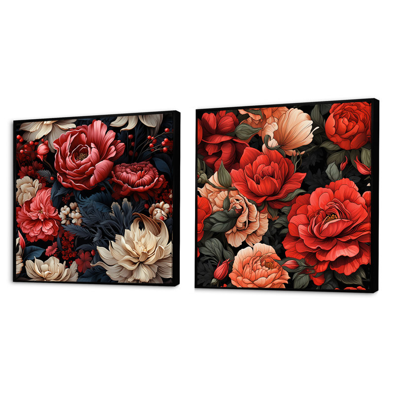Juliana - Ensemble de 2 collages carrés floraux, Cadre flottant noir, H 16 po x l 33 po