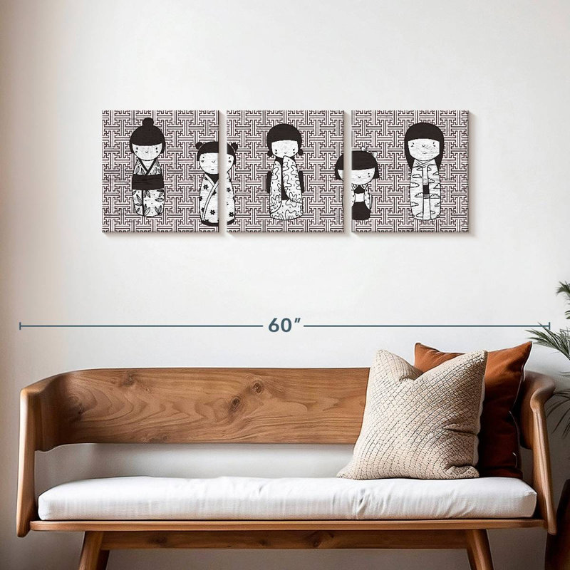 «Japanese Kokeshi Dolls III», ensemble de 3 impressions sur toile par ZenInkDesigns, H 15 po x l 47 po x P 1,25 po