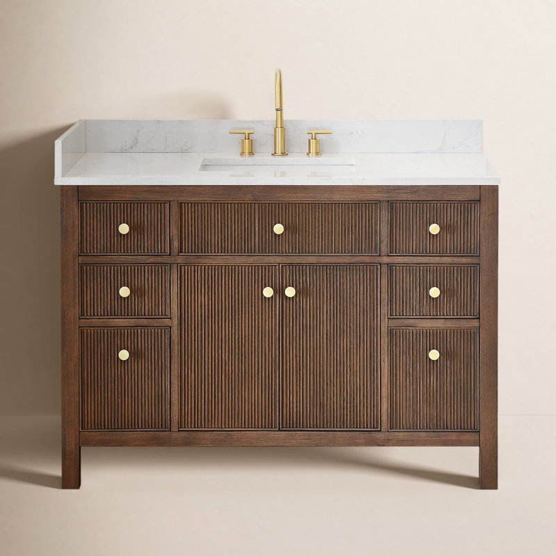 Lala 48" Single Bathroom Vanity with Grain White Engineered Stone Countertop without Mirror, Brown Brushed Oak