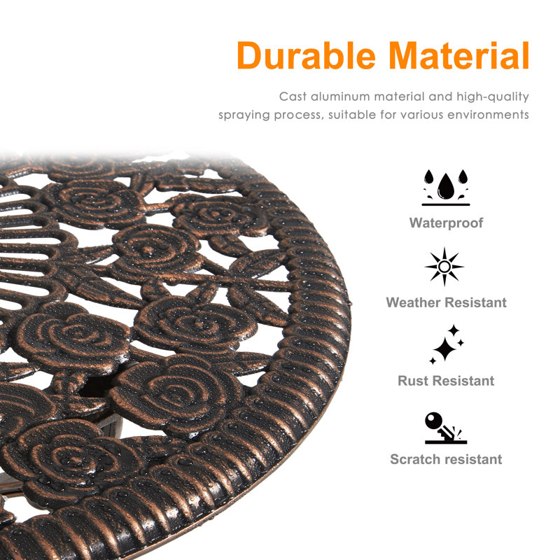 Ensemble bistro 3 pièces pour table bistro et chaises d'extérieur, bistro en aluminium coulé à motif rose pour balcon de jardin, résistance durable à la rouille et aux intempéries, bronze rose