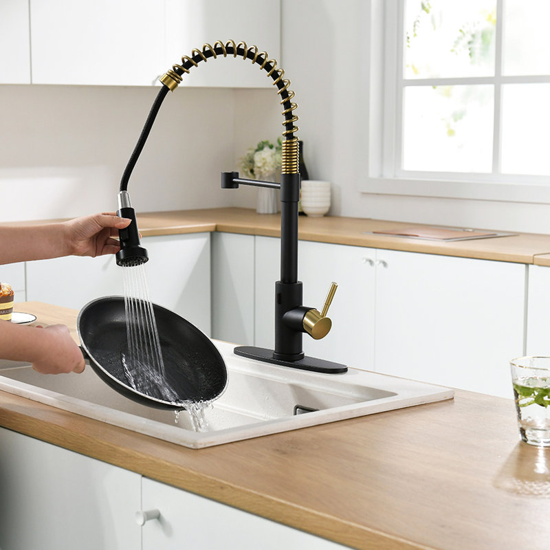Robinet de cuisine automatique automatique - sans contact avec capteur de mouvement, mains, noir et or, contemporain, acier inoxydable, évier de remplissage en céramique rétractable,