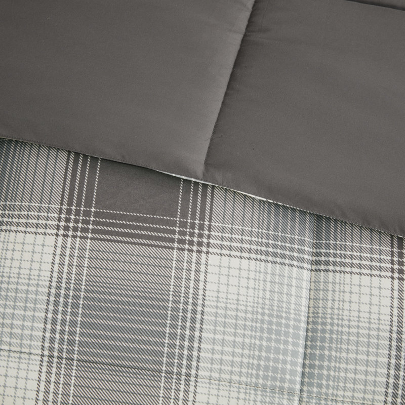 Gray Full/Queen Down Alternative Comforter Set with Plaid Pattern