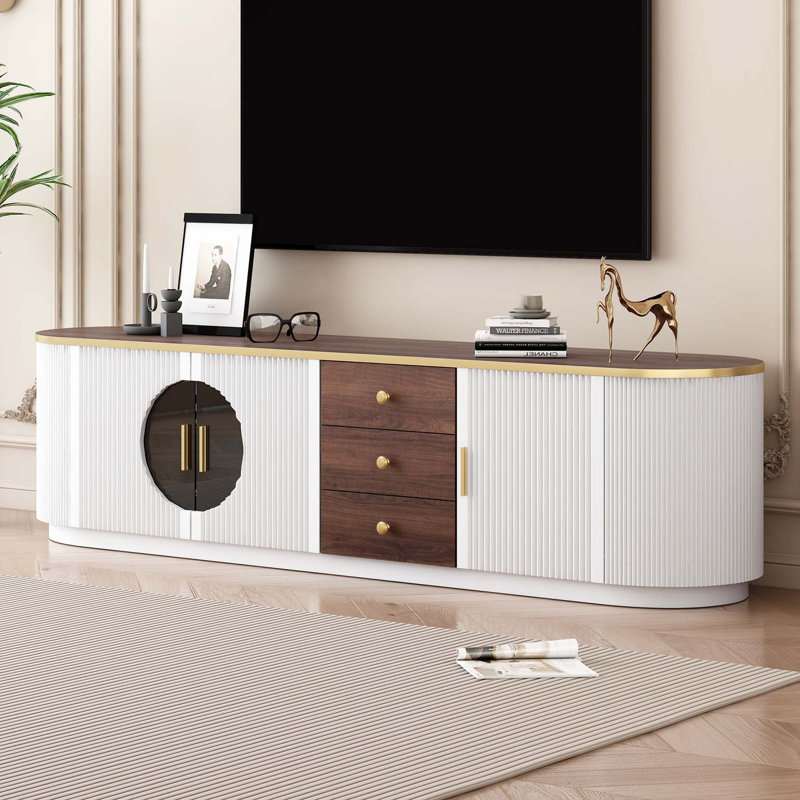 Console de télévision, meuble télé minimaliste moderne, centre de divertissement avec 3 tiroirs et 1 tablette, Blanc / Brun