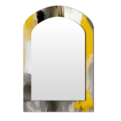 Mustard Yellow And Vivid Gray II - Abstract Asymmetrical Mirror, White Arch Decorative Wall Mirror, Printed Metal Art