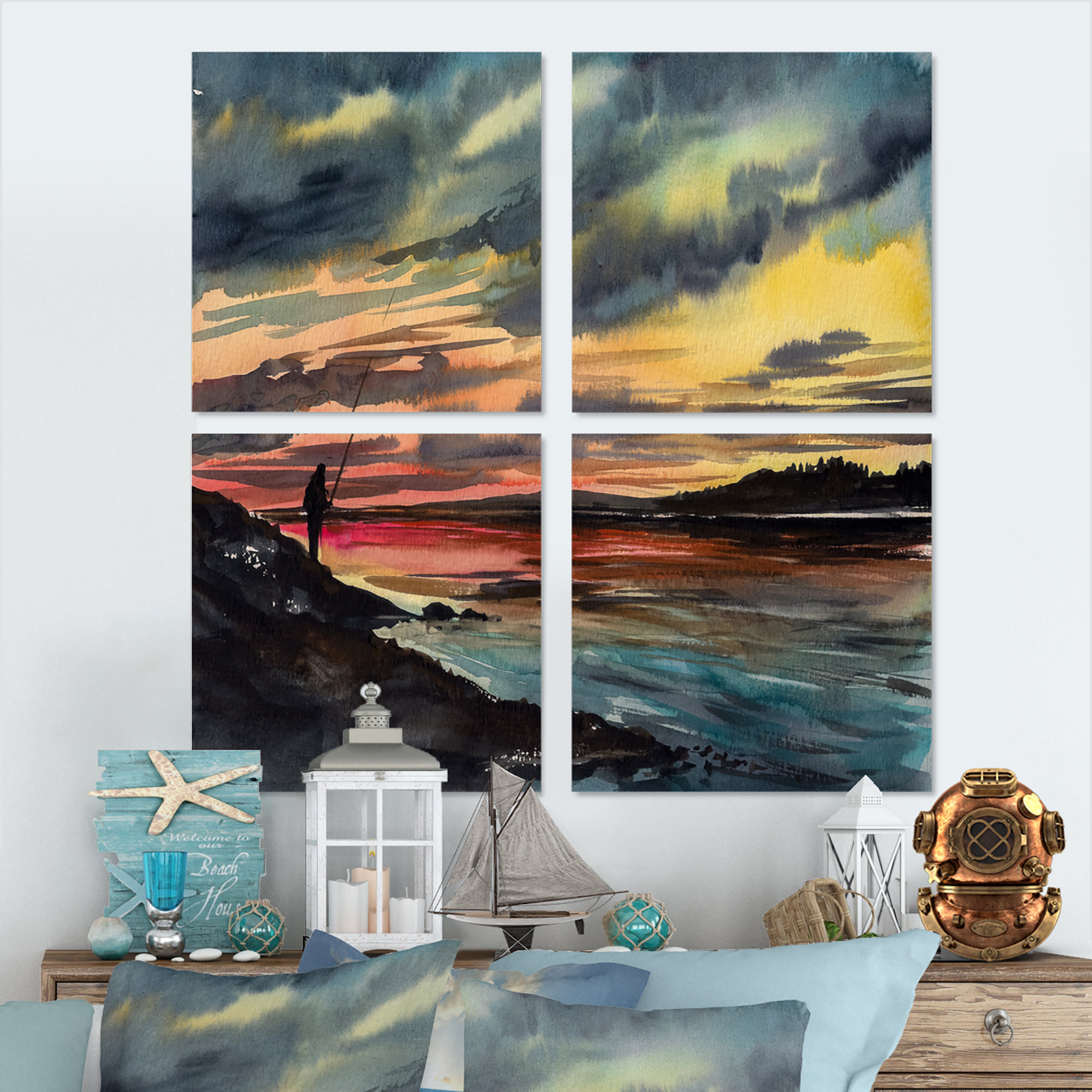 Red Barrel Studio® Fishing Man Over Sunset Sky On Canvas 4 Pieces