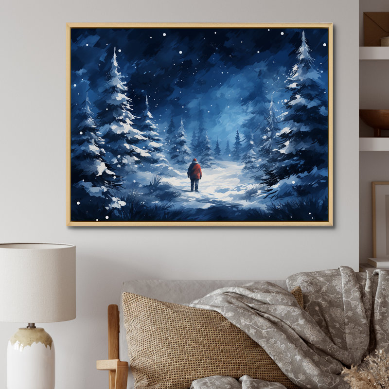 «Blue and White Winter Forest Wonderer», pin, art mural, H 24 po x l 32 po x P 1 po, Cadre flottant brun