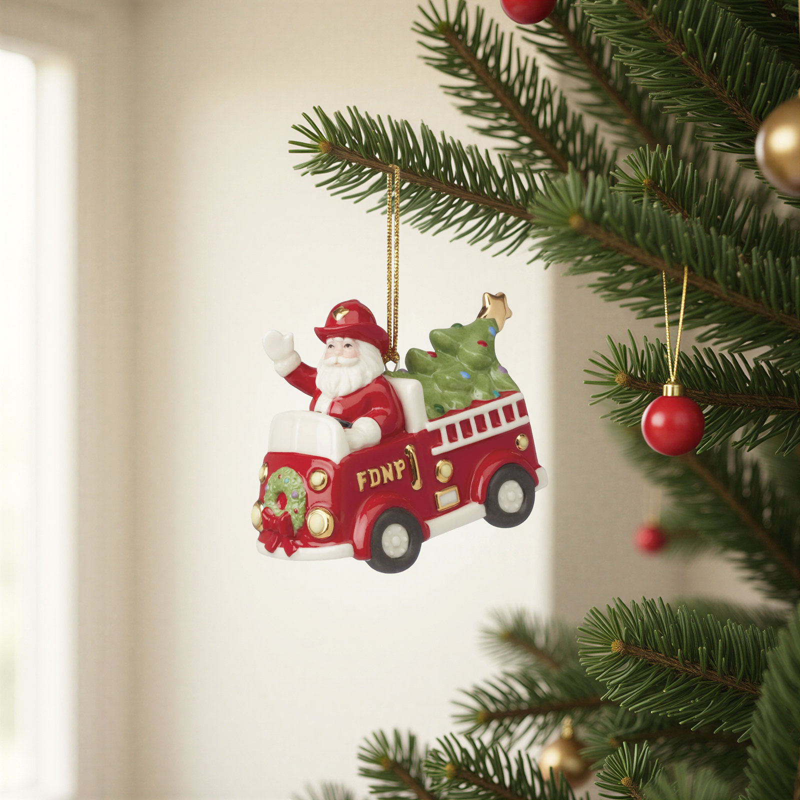 Santa In Fire Truck Ornament