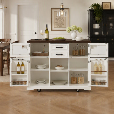 Versatile Kitchen Island with Drop Leaf, Power Outlet, and Rolling Storage on 4 Wheels, Cross Barn Doors Glass Door