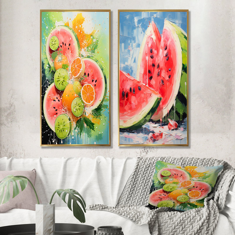 «Summertime Watermelon Fruit I», ensemble de 2 reproductions d'art sur toile, Cadre flottant doré, H 28 po x l 25 po