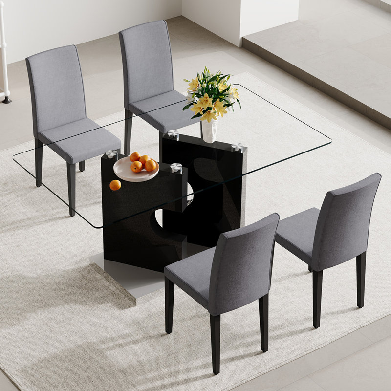 Ensemble de table de salle à manger en verre pour 4/6, plateau en verre trempé et base en panneau de fibres à densité moyenne de conception moderne avec chaises ergonomiques en cuir PU