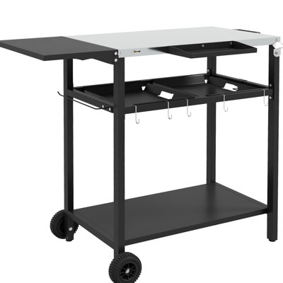 Outdoor Cart, Black With Stainless Steel Top, 2 & Paper Towel Holder, Mobile Bar Tabletop, , Seasoning Shelf, Wheels, Hooks, Trash Bag