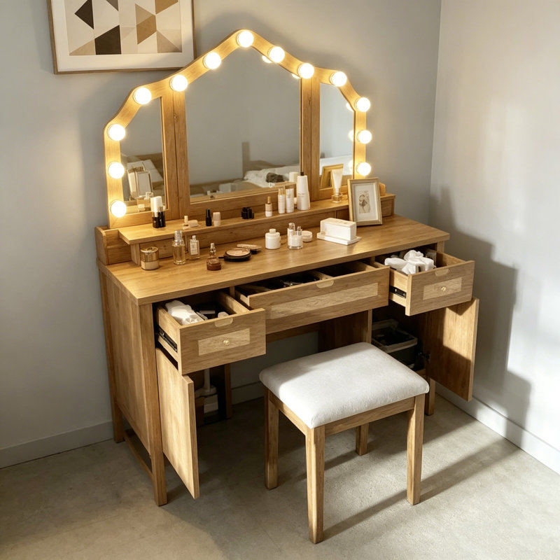  Meuble-lavabo avec 13 ampoules Hollywood et 3 modes d'éclairage, coiffeuse avec miroir à trois volets, 5 tiroirs et tablettes de rangement avec station de charge pour la chambre à coucher, naturel
