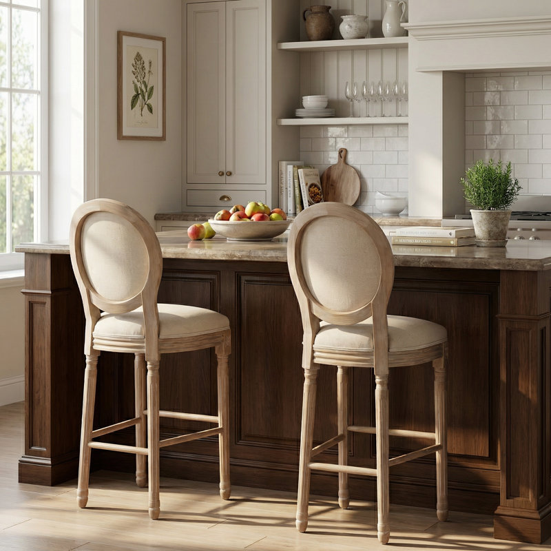 Set of 2 French Country Wood Bar Stools with Upholstered Beige Seats, for Kitchen Island and Breakfast Nook