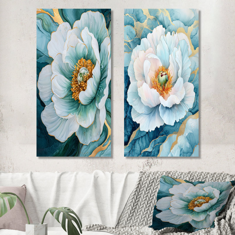 Radiant Symphony of Peony on Emerald - Green Nature, ensemble de 2 décorations murales en métal, 32" H x 32" W