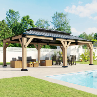 Abri de jardin en bois 13 x 15, abri de jardin à toit rigide avec toit double en fer, abri de jardin extérieur avec cadre en bois pour patio, garage, pelouses, fêtes