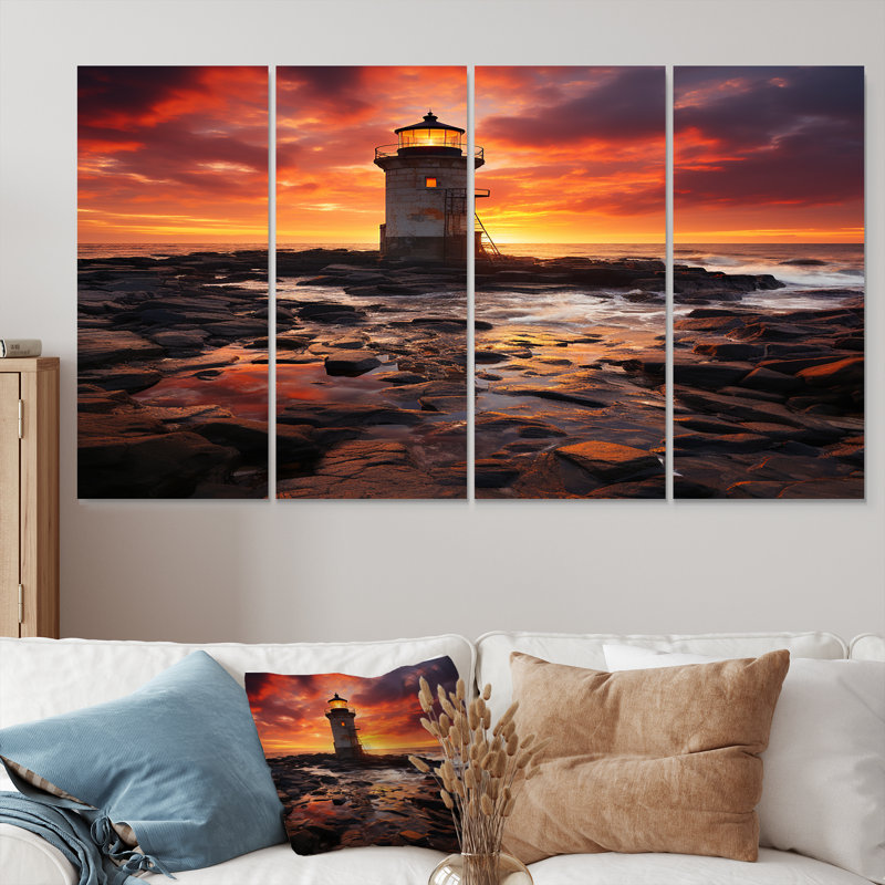 Phare sur le rocher «Red Ocean Sunset» - art mural 4 phares, H 28 po x l 48 po
