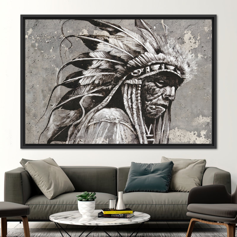 Abstrait art moderne sur toile représentant un vieux chef amérindien, H 16 po x l 24 po, Cadre flottant noir