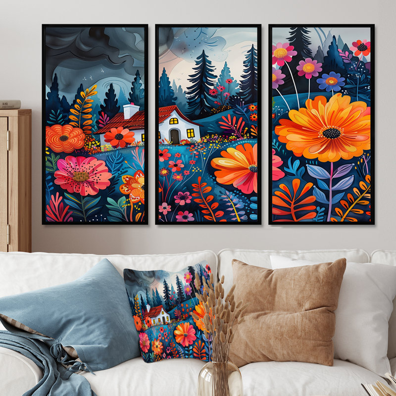 Ensemble de décorations murales fermières orange et bleues, H 28 po x l 12 po x P 1 po, Toile avec cadre flottant noir