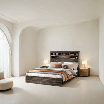 Solid Wood Queen-size Bed Frame, 2 Bedside Tables, And 1 Dressing Table With 5 Drawers (4-piece Bedroom Set)