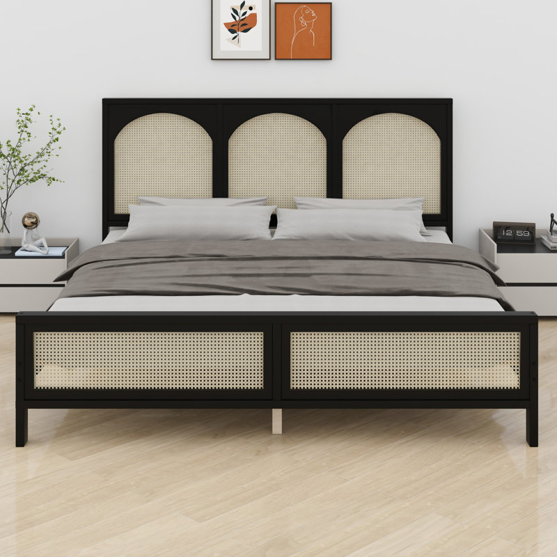 Modern Platform Bed Featuring Rattan Headboard, Black+Beige, Queen