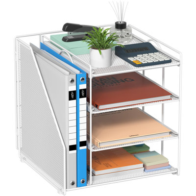Organisateur de bureau, organisateur de papier pour bureau avec porte-classeur vertical, accessoires de bureau et rangement de bureau, 4 niveaux (blanc)