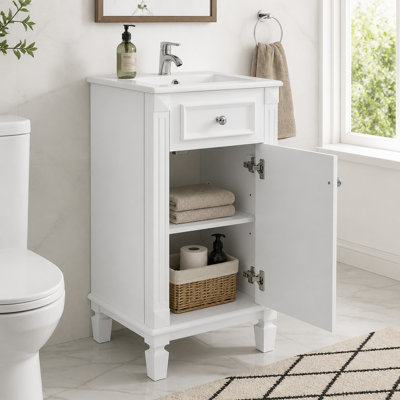Meuble-lavabo autoportant de 45,7 cm (18 po) avec lavabo en céramique, style français, porte à fermeture amortie, étagère réglable, blanc