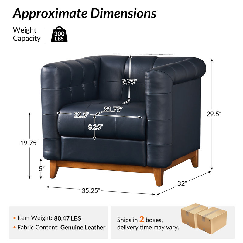 Fauteuil demi-tonneau carré en cuir véritable transitionnel 35,25 po Sonika de Sonika, Navy