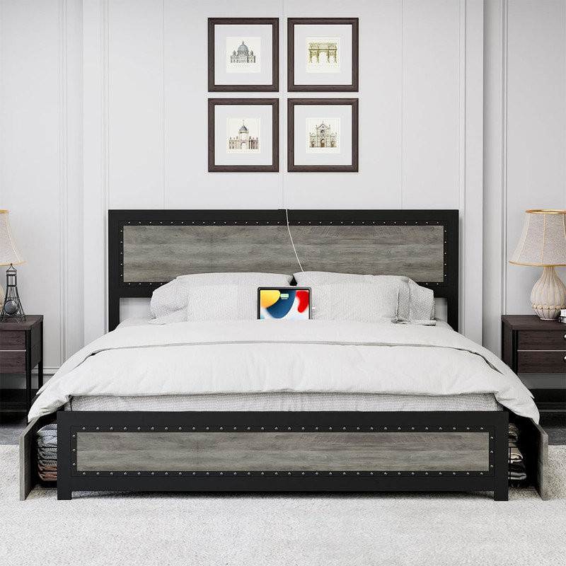 Base de lit plateforme industrielle avec 4 tiroirs de rangement et station de charge, Grand, gris