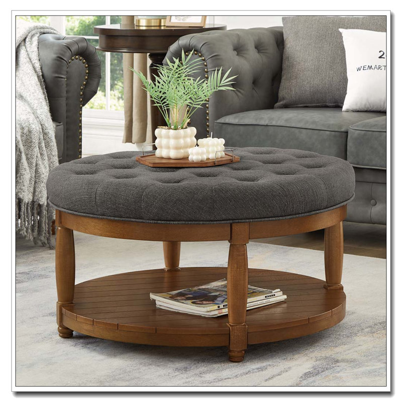 Upholstered Tufted Linen Ottoman Coffee Table, Charcoal, Round