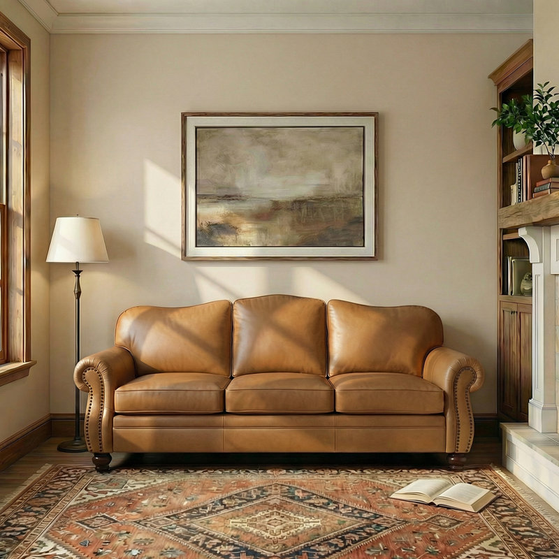 Eugene 81" Traditional Genuine Leather Sofa, Camel