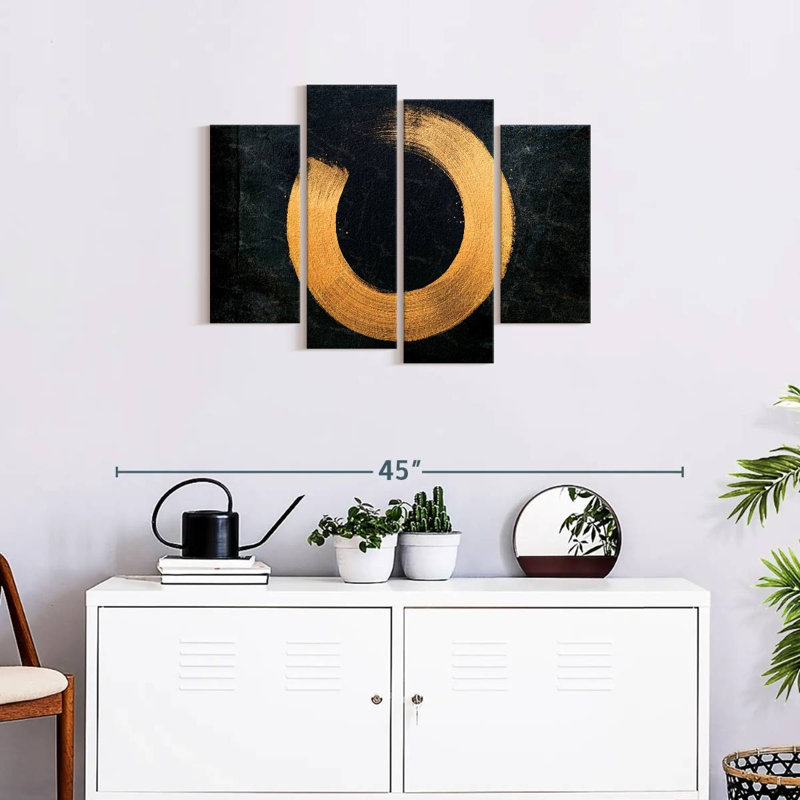 «Buddhist Symbols Golden Zen Circle on Canvas», reproduction de 4 pièces, H 27 po x l 43 po x P 1 po