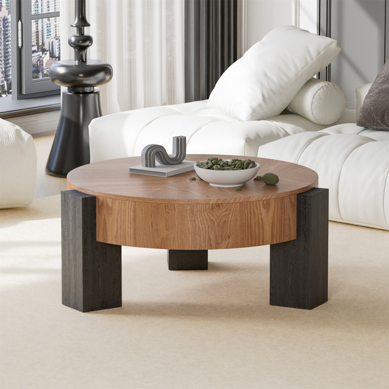 Table basse ronde de 33 po avec rangement dissimulé (seulement avec table basse), Noir mat, Bois naturel