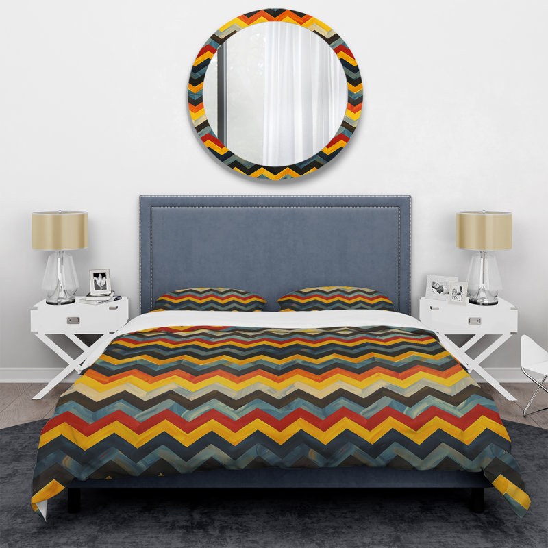 Ensemble de housse de couette à chevrons bleu et orange Harmony III, Housse de couette simple et deux taies décorative