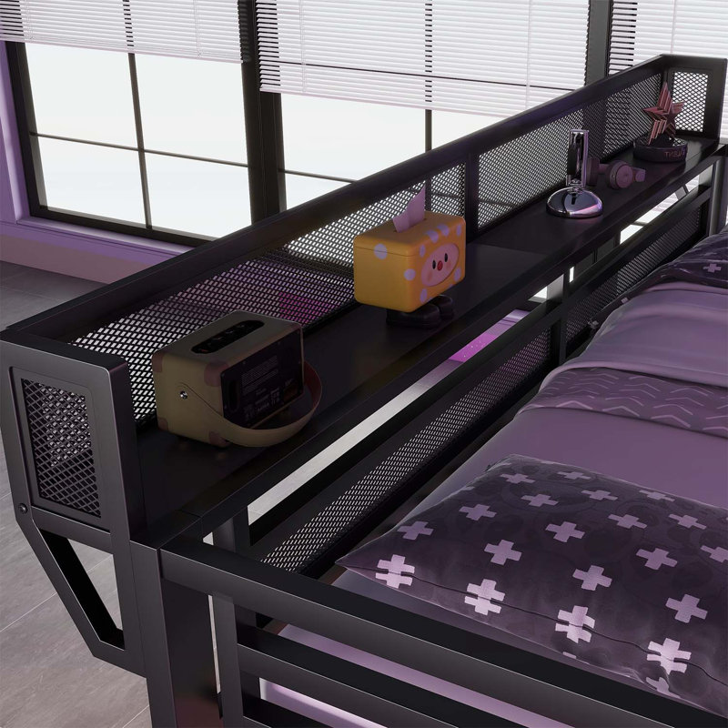 Lit mezzanine double en métal avec bureau, escalier et station de charge, idéal pour les enfants et les adolescents, peu encombrant et multifonctionnel