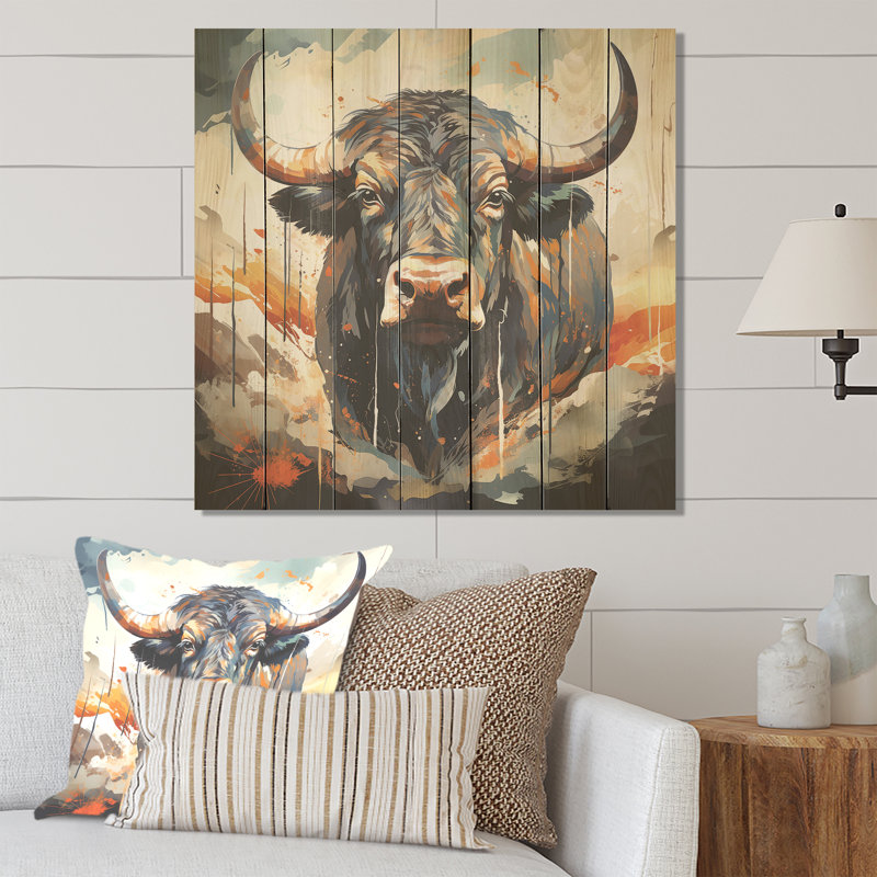 Wild Wild Buffalo Portrait II - Buffalo / bison sur bois, H 36 po x l 36 po