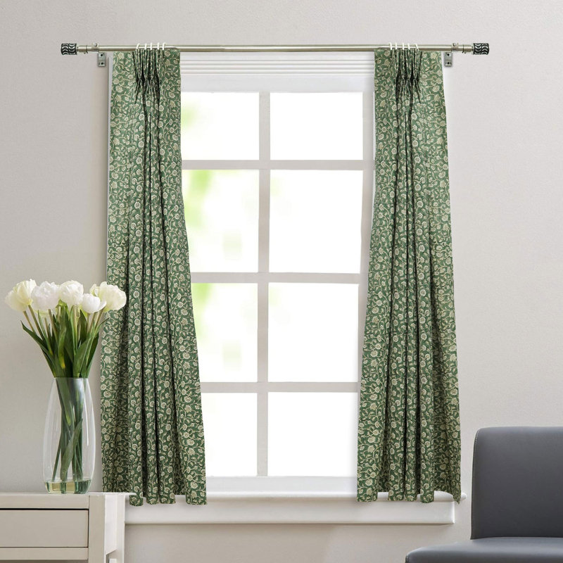 Pinch Pleated Curtain Handmade Block Print Floral Drape, Soft Boho Linen, Living Room, Bedroom, Kitchen & Patio Décor, Himachal, Green
