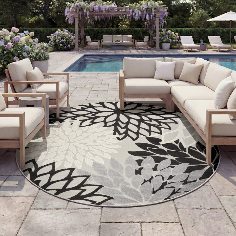 Tapis intérieur / extérieur noir / gris / blanc à motif floral Arnelle, Rond 7 pi 10 po